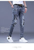 Slim Fit Korean Streetwear Graphical Printed Luxury Hip-Hop Stretch Denim Jeans for Men - Perfect Medium Wash Jeans Outfit